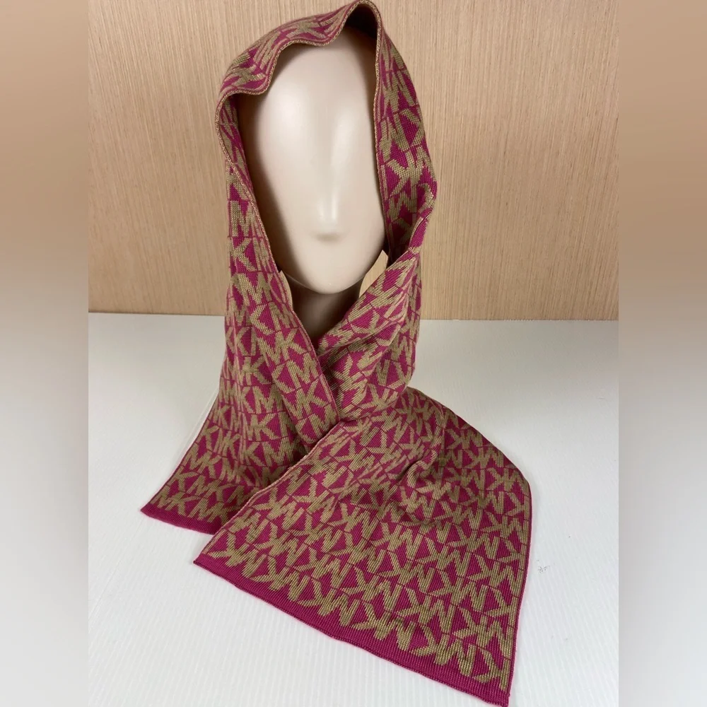 Michael Kors MK Logo Monogram Scarf Pink Tan Knit Designer Wrap
